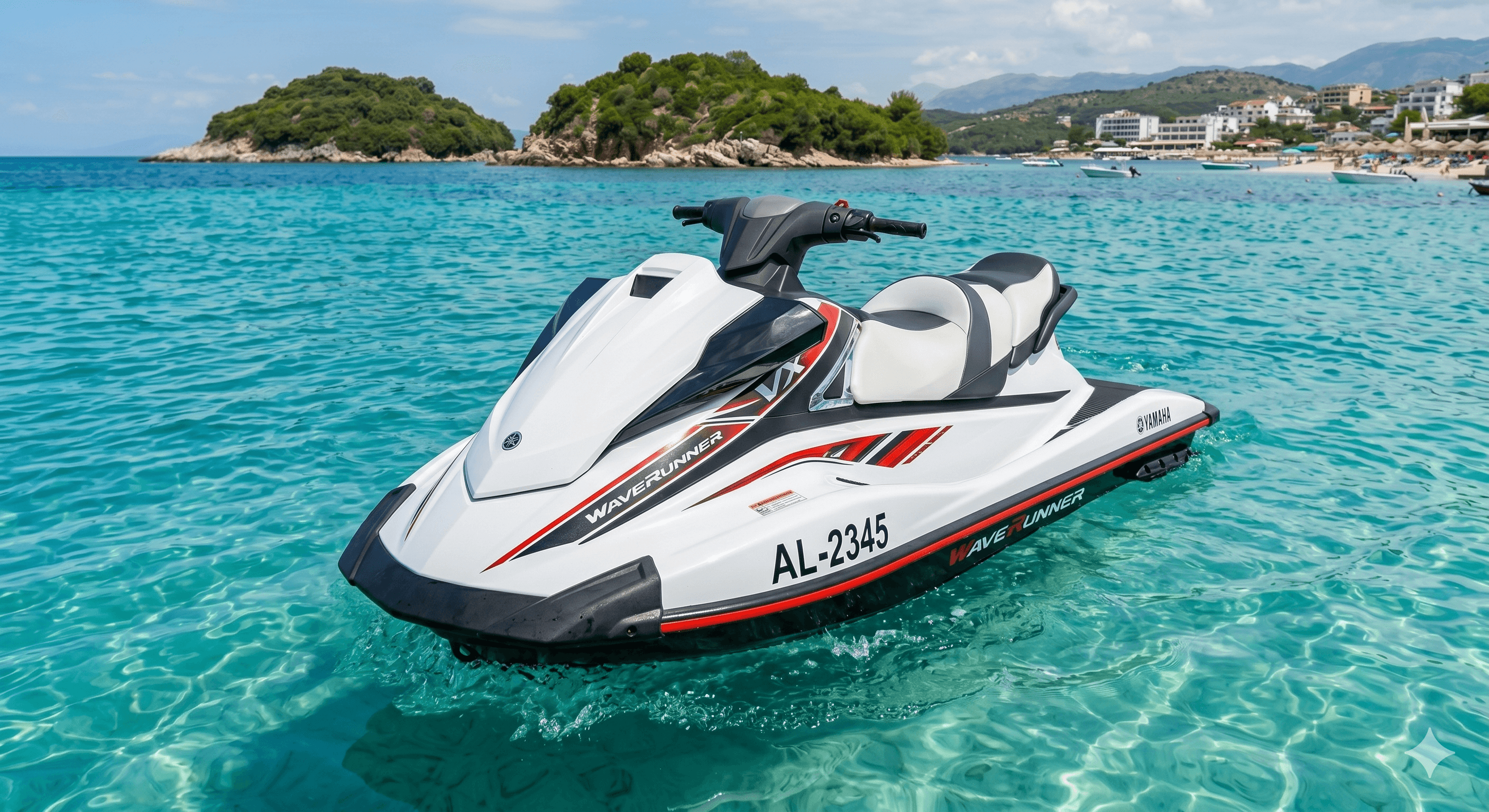 High-speed Yamaha Jet Ski in the blue waters of Ksamil