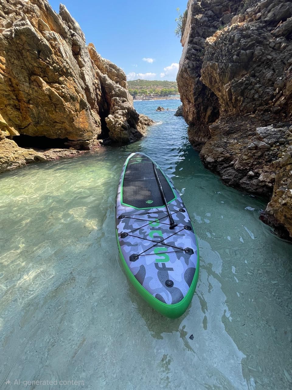 High-angle perspective of two paddleboarders gliding across crystal-clear, sunlit turquoise morning water in a protected cove