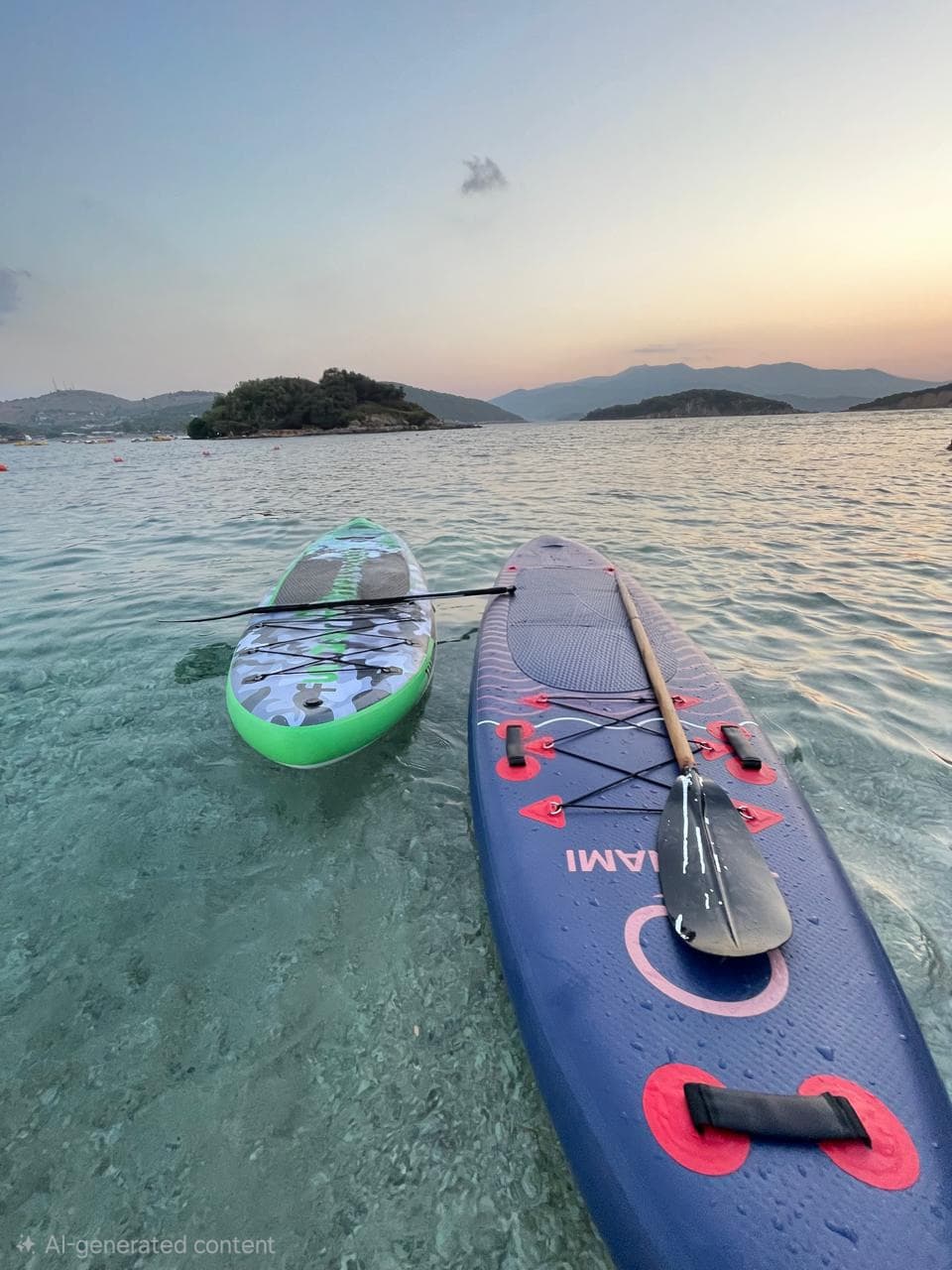 Wide panoramic view of a large SUP tour group scattered across the calm waters of the Ksamil archipelago under a colorful sunset sky