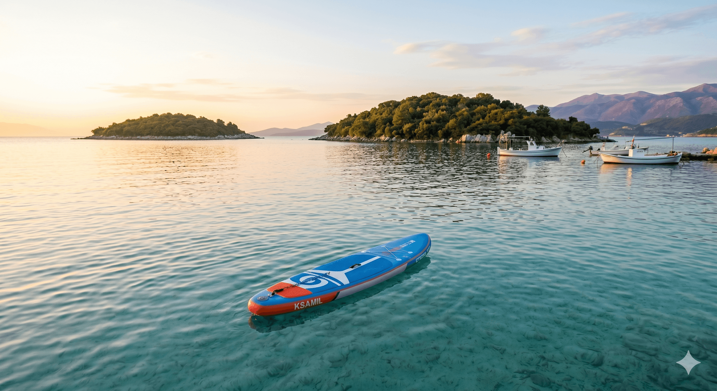 Close-up view of a Stand-Up Paddleboard on exceptionally calm morning water with high visibility of the seabed in a shallow lagoon